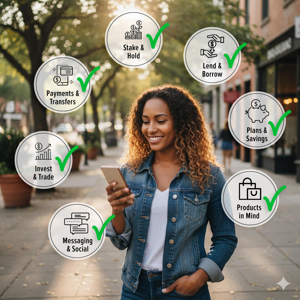 MyCash - Your Financial Home. Adult woman looking to her phone and smiling